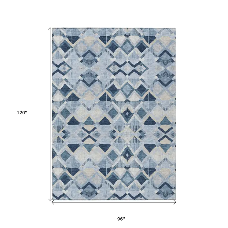 8' X 10' Sky Blue And Slate Blue Geometric Washable Indoor Outdoor Area Rug