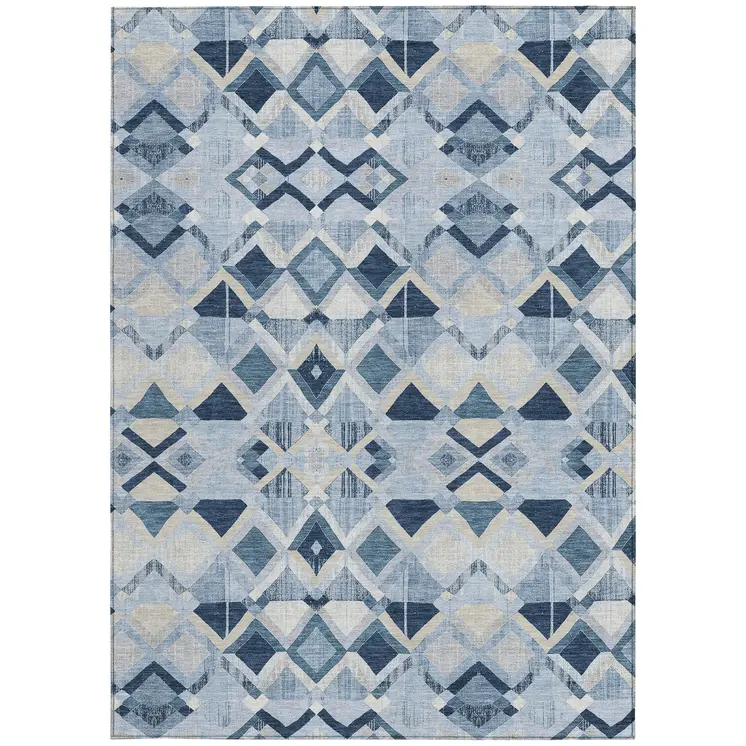 9' X 12' Sky Blue And Slate Blue Geometric Washable Indoor Outdoor Area Rug