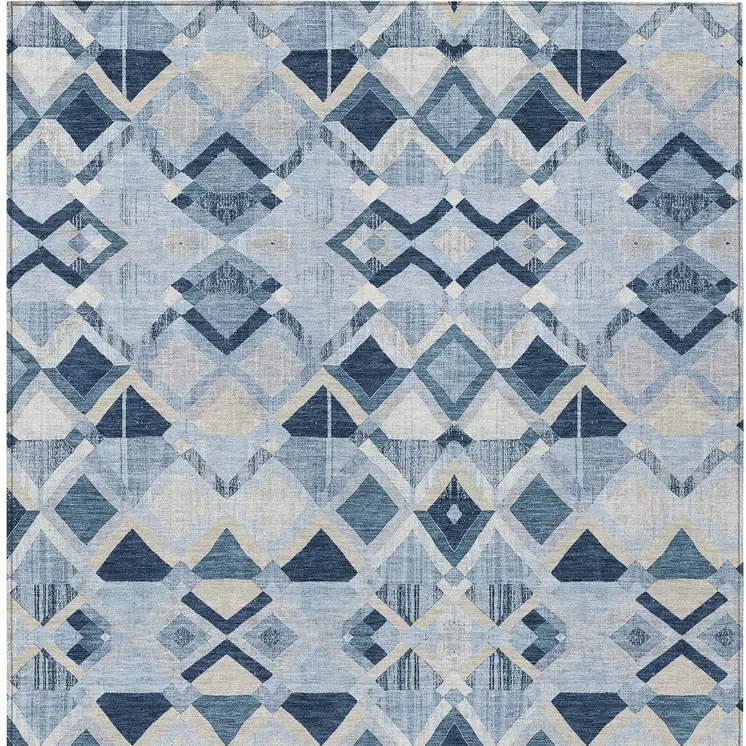 10' X 14' Sky Blue And Slate Blue Geometric Washable Indoor Outdoor Area Rug