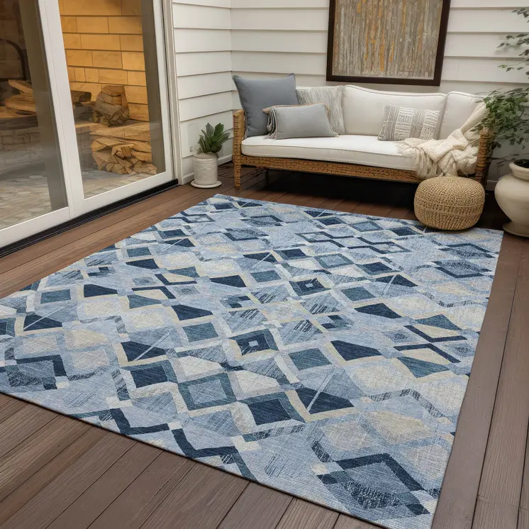 10' X 14' Sky Blue And Slate Blue Geometric Washable Indoor Outdoor Area Rug