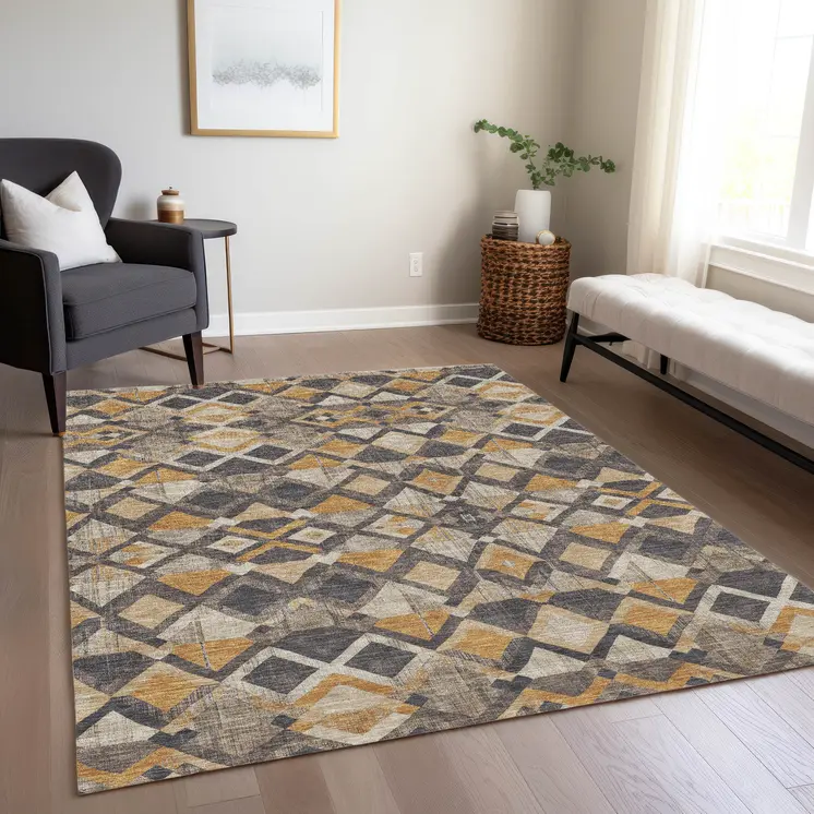 3' X 5' Wheat And Gold Geometric Washable Indoor Outdoor Area Rug