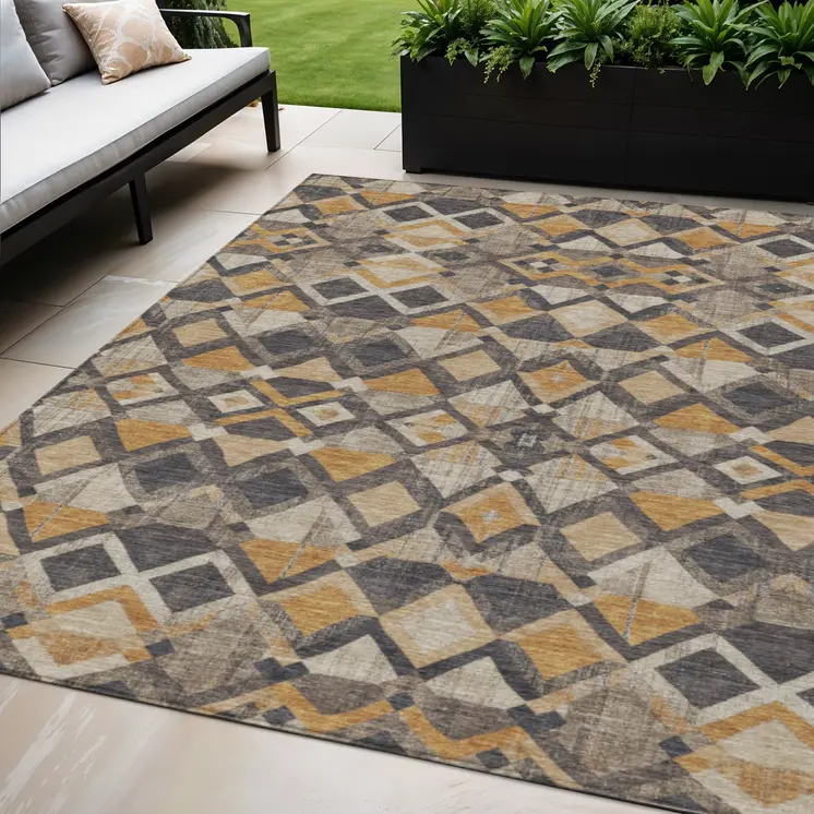5' X 8' Wheat And Gold Geometric Washable Indoor Outdoor Area Rug