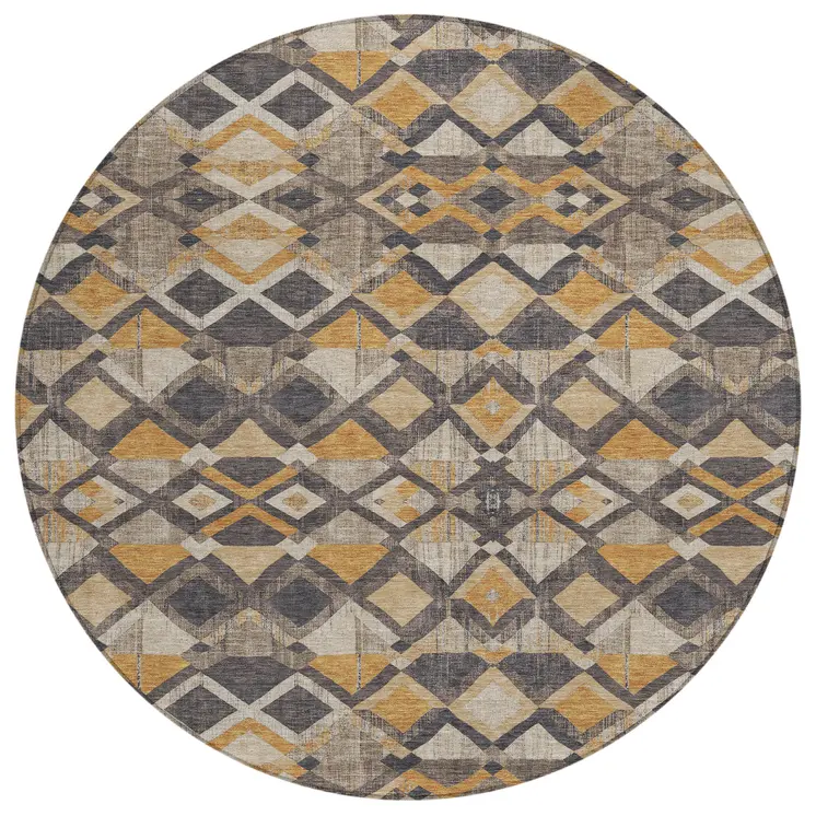 8' Wheat And Gold Round Geometric Washable Indoor Outdoor Area Rug