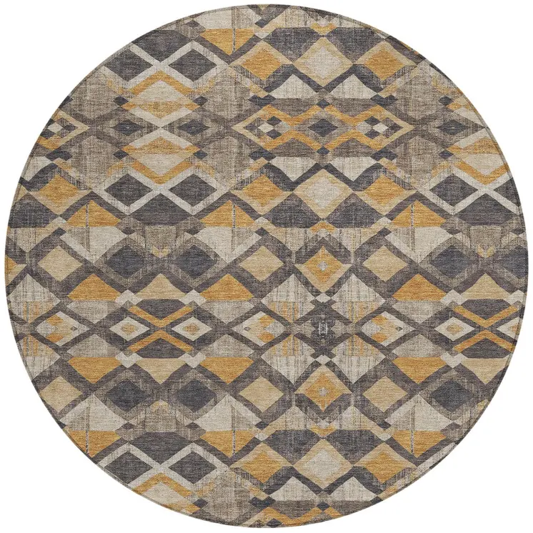 8' Wheat And Gold Round Geometric Washable Indoor Outdoor Area Rug