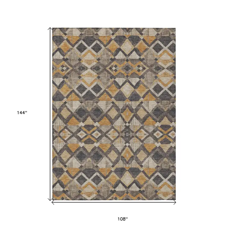 9' X 12' Wheat And Gold Geometric Washable Indoor Outdoor Area Rug