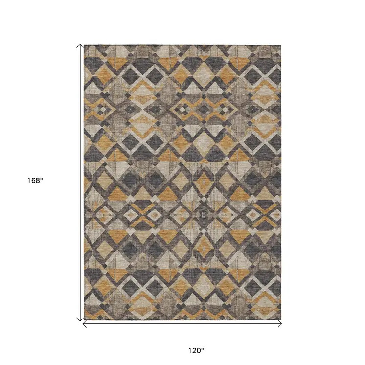 10' X 14' Wheat And Gold Geometric Washable Indoor Outdoor Area Rug