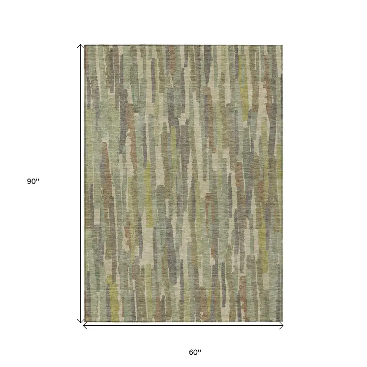 5' X 8' Artichoke Green And Ivory Striped Washable Indoor Outdoor Area Rug