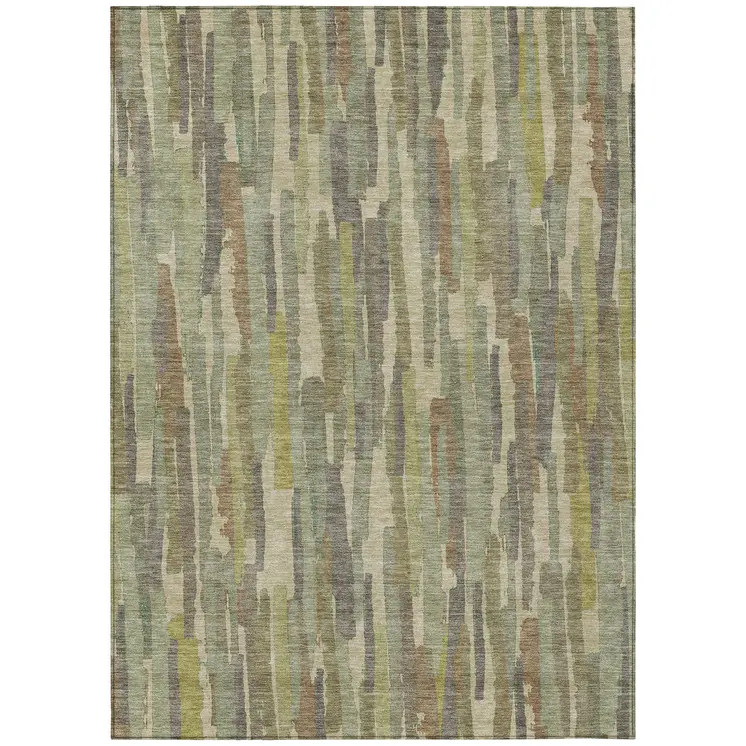 5' X 8' Artichoke Green And Ivory Striped Washable Indoor Outdoor Area Rug
