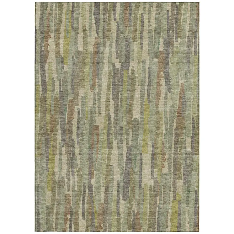 5' X 8' Artichoke Green And Ivory Striped Washable Indoor Outdoor Area Rug