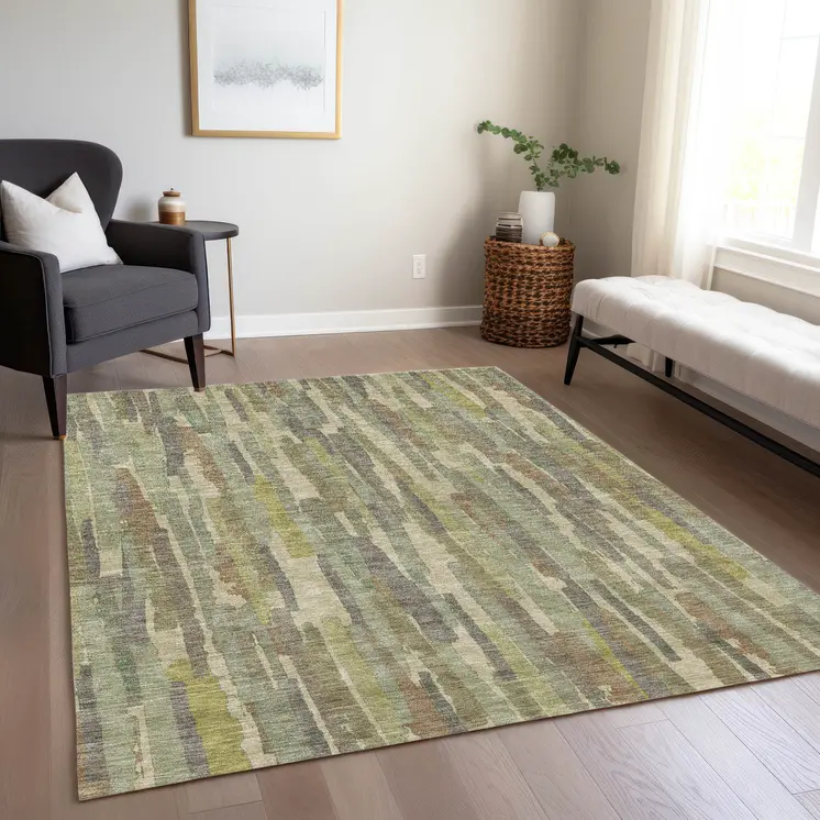 5' X 8' Artichoke Green And Ivory Striped Washable Indoor Outdoor Area Rug