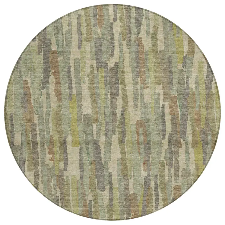 8' Artichoke Green And Ivory Round Striped Washable Indoor Outdoor Area Rug