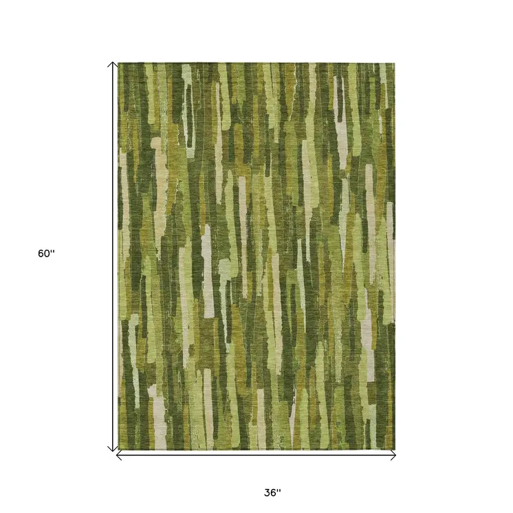 3' X 5' Green And Olive Green Striped Washable Indoor Outdoor Area Rug