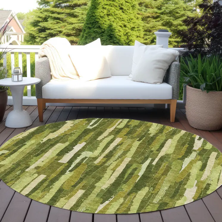 8' Green And Olive Green Round Striped Washable Indoor Outdoor Area Rug