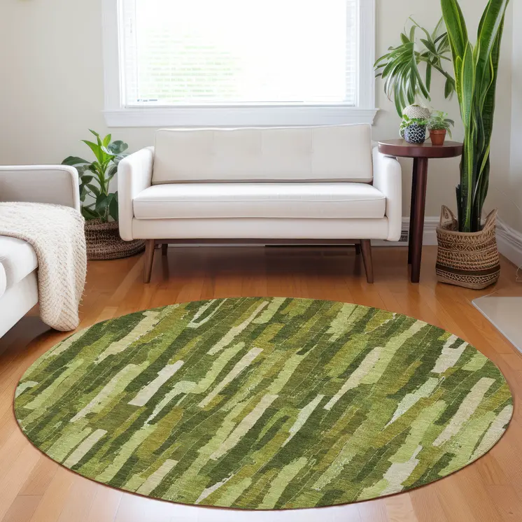8' Green And Olive Green Round Striped Washable Indoor Outdoor Area Rug