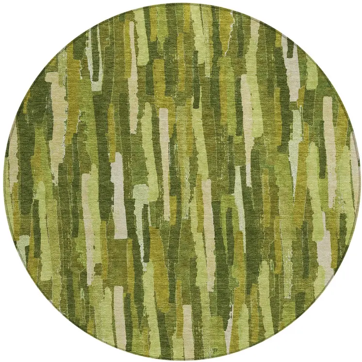 8' Green And Olive Green Round Striped Washable Indoor Outdoor Area Rug