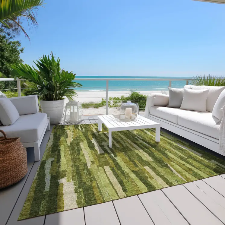 8' X 10' Green And Olive Green Striped Washable Indoor Outdoor Area Rug