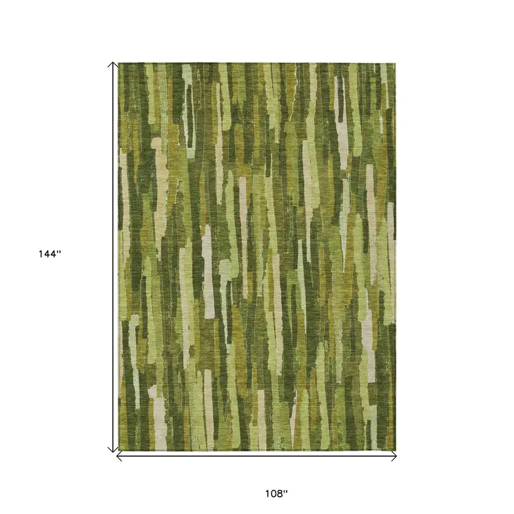 9' X 12' Green And Olive Green Striped Washable Indoor Outdoor Area Rug