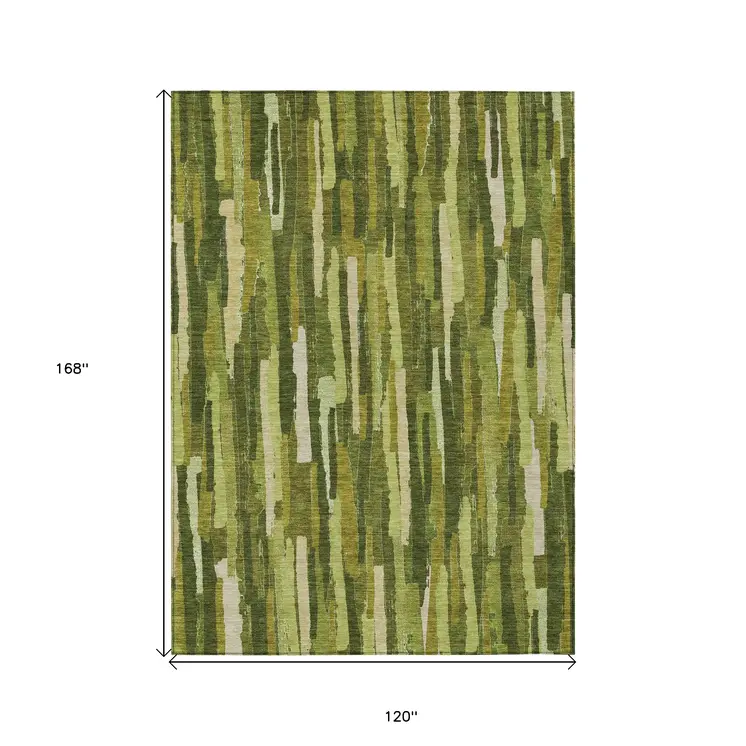 10' X 14' Green And Olive Green Striped Washable Indoor Outdoor Area Rug