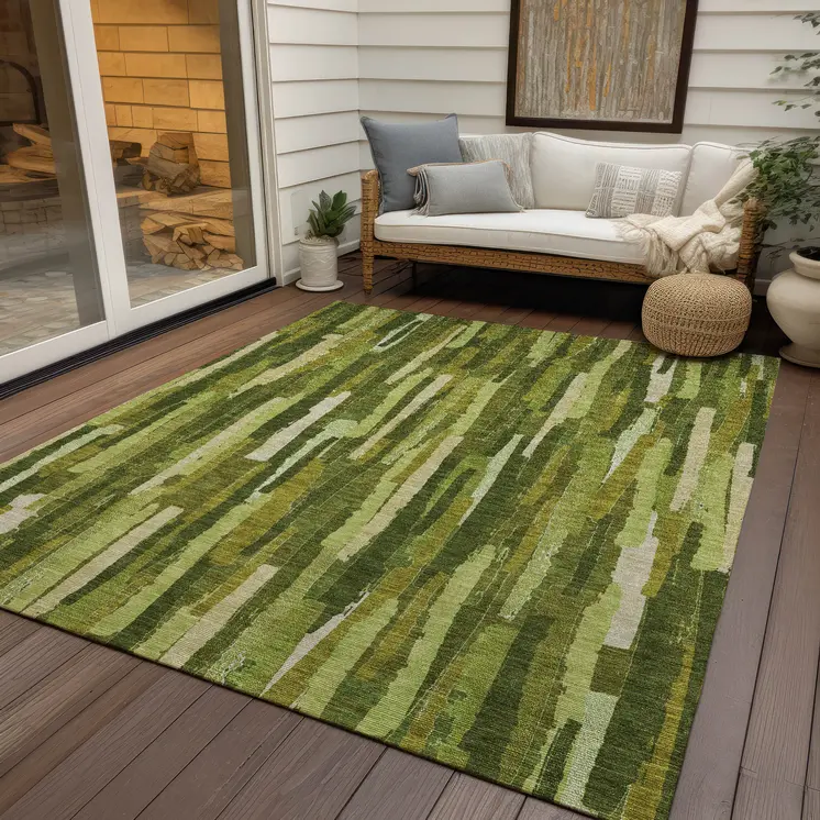 10' X 14' Green And Olive Green Striped Washable Indoor Outdoor Area Rug