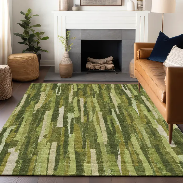 10' X 14' Green And Olive Green Striped Washable Indoor Outdoor Area Rug