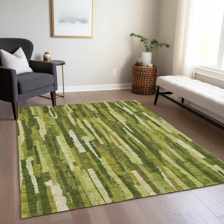 10' X 14' Green And Olive Green Striped Washable Indoor Outdoor Area Rug