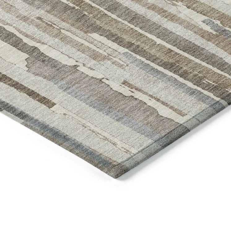 3' X 5' Ivory And Beige Striped Washable Indoor Outdoor Area Rug