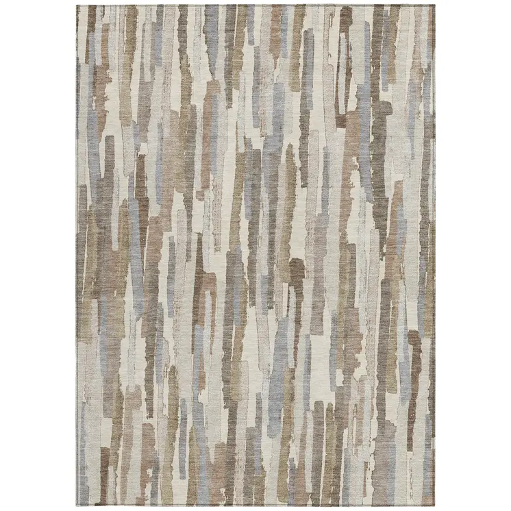 3' X 5' Ivory And Beige Striped Washable Indoor Outdoor Area Rug