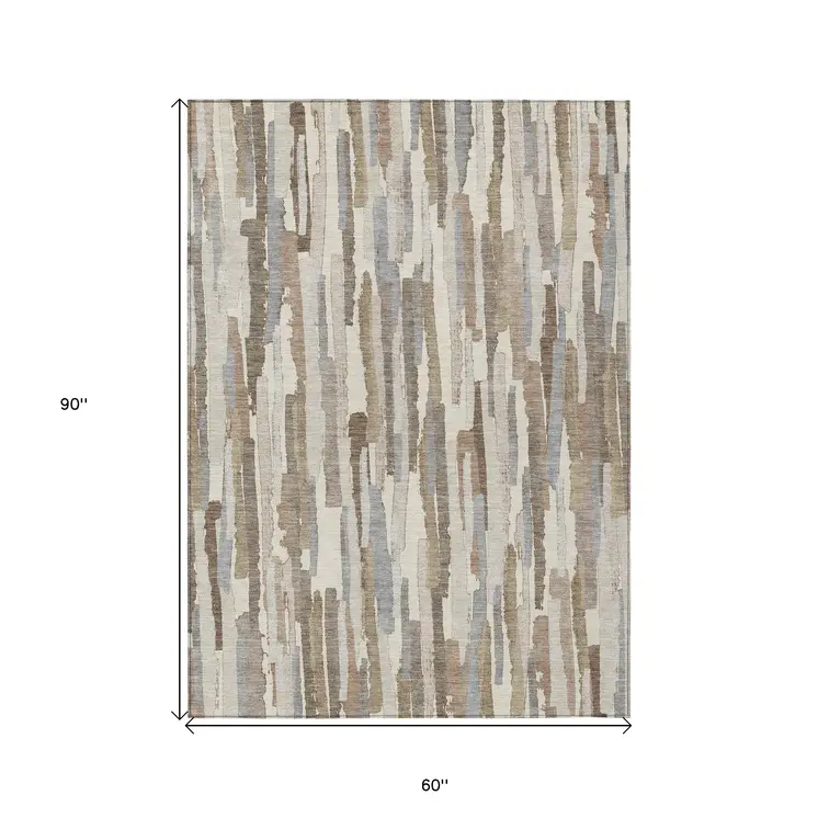 5' X 8' Ivory And Beige Striped Washable Indoor Outdoor Area Rug