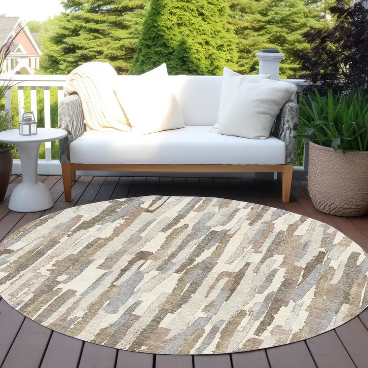 8' Ivory And Beige Round Striped Washable Indoor Outdoor Area Rug