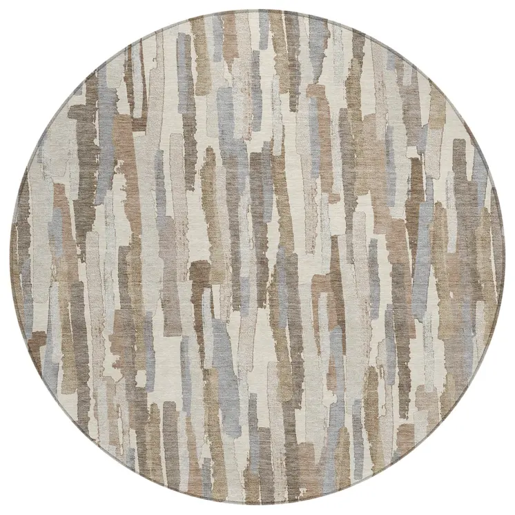 8' Ivory And Beige Round Striped Washable Indoor Outdoor Area Rug