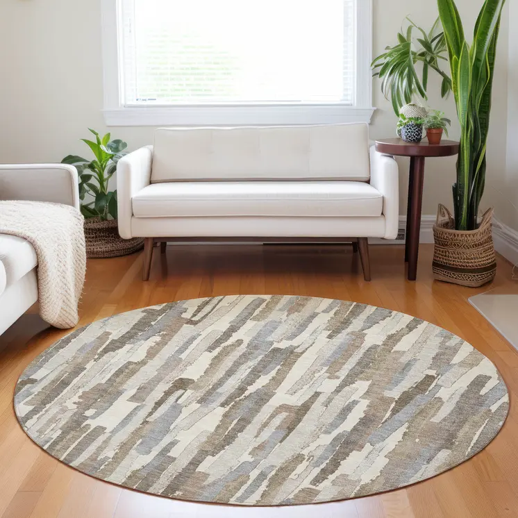 8' Ivory And Beige Round Striped Washable Indoor Outdoor Area Rug