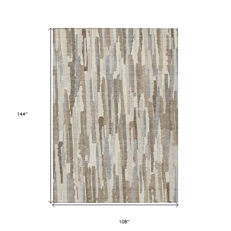 9' X 12' Ivory And Beige Striped Washable Indoor Outdoor Area Rug