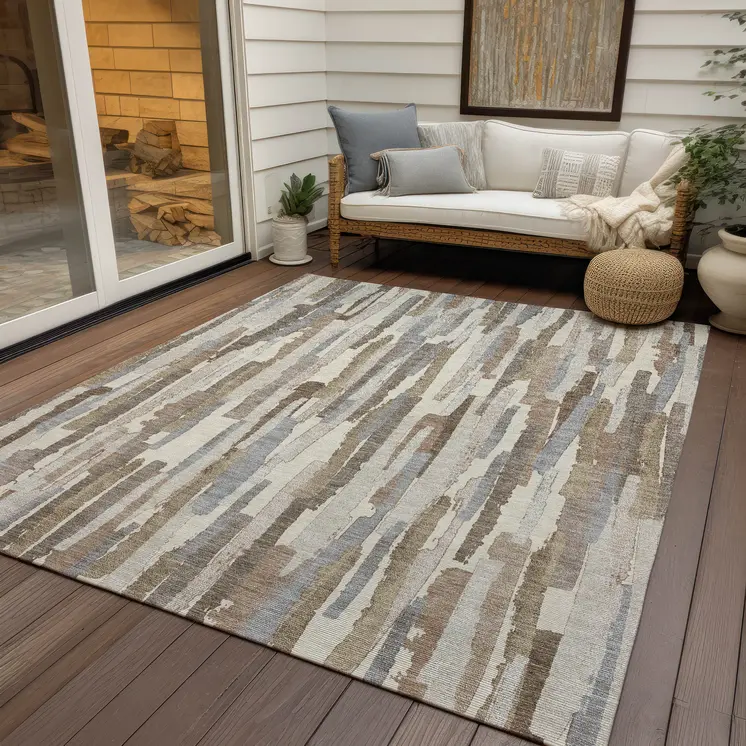 9' X 12' Ivory And Beige Striped Washable Indoor Outdoor Area Rug