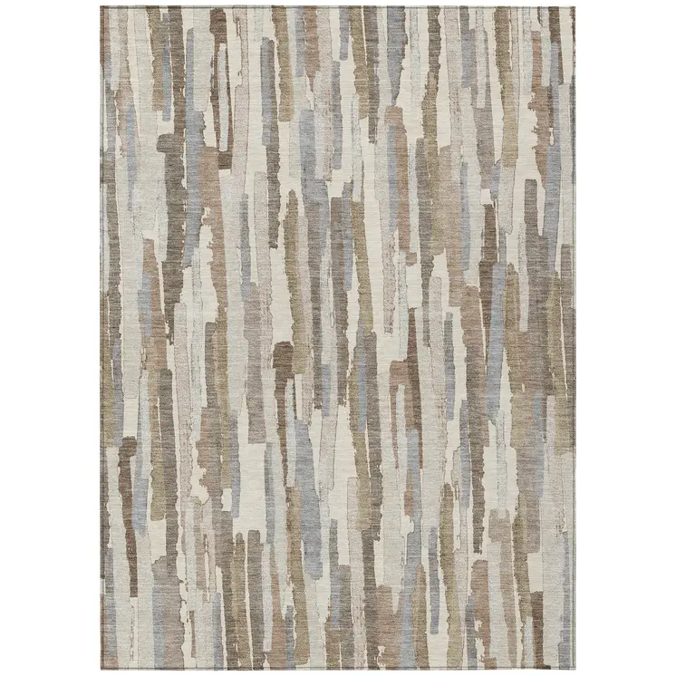 9' X 12' Ivory And Beige Striped Washable Indoor Outdoor Area Rug