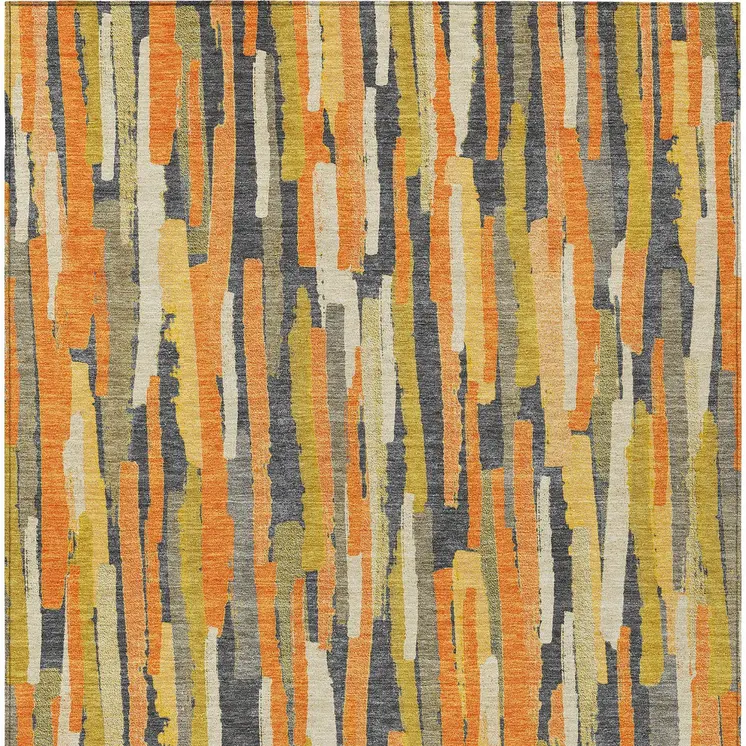 3' X 5' Orange And Beige Striped Washable Indoor Outdoor Area Rug