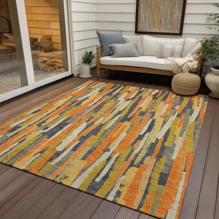 3' X 5' Orange And Beige Striped Washable Indoor Outdoor Area Rug