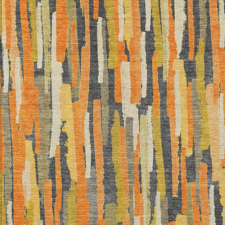 3' X 5' Orange And Beige Striped Washable Indoor Outdoor Area Rug