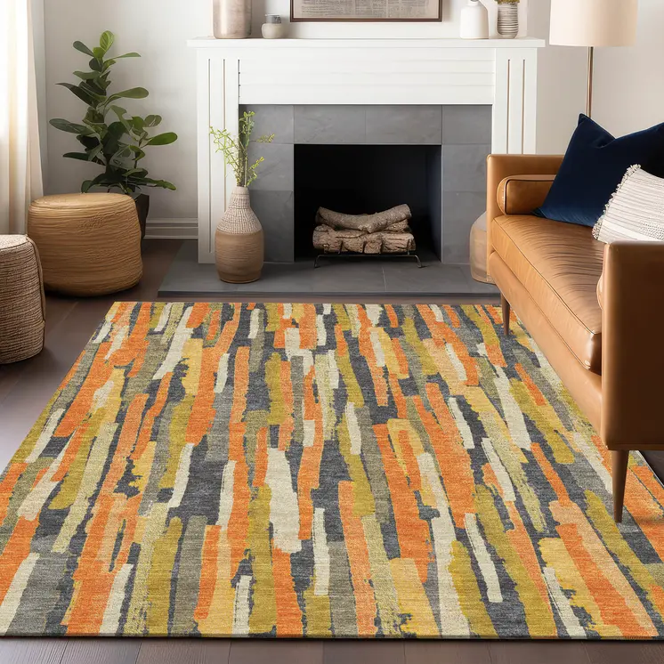 3' X 5' Orange And Beige Striped Washable Indoor Outdoor Area Rug
