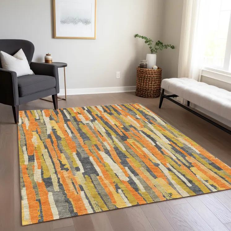 3' X 5' Orange And Beige Striped Washable Indoor Outdoor Area Rug