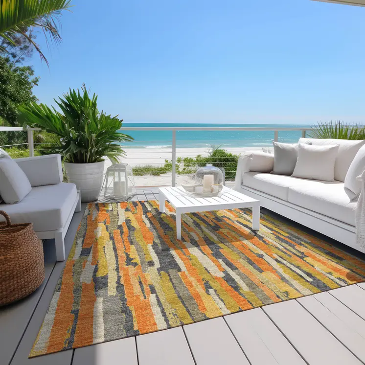 3' X 5' Orange And Beige Striped Washable Indoor Outdoor Area Rug