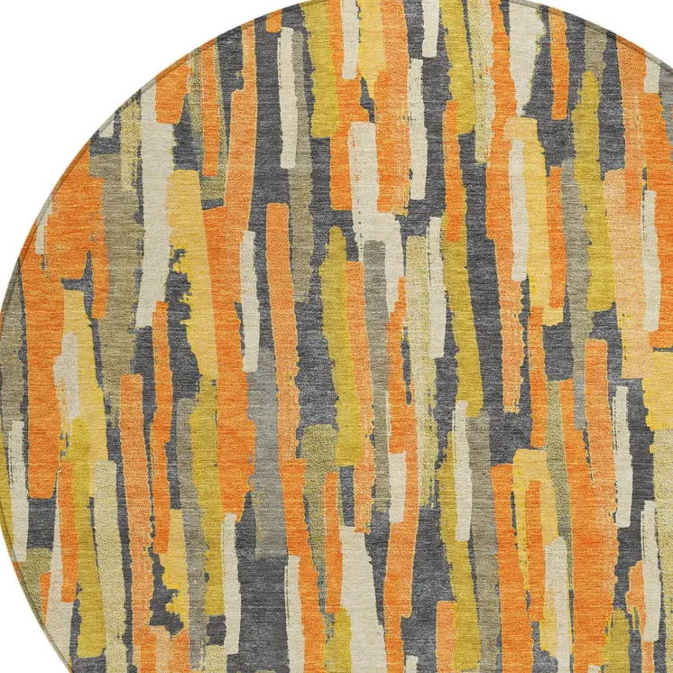 8' Orange And Beige Round Striped Washable Indoor Outdoor Area Rug