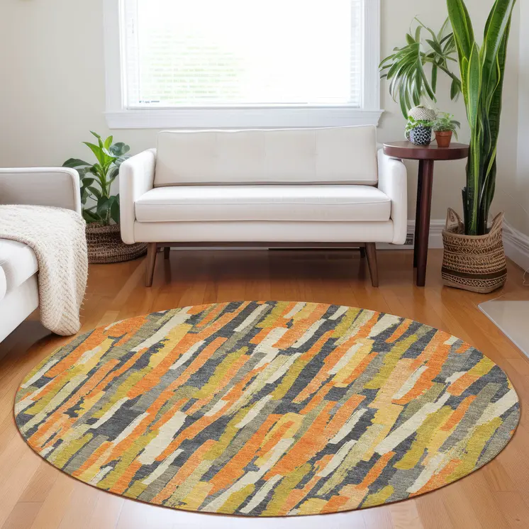 8' Orange And Beige Round Striped Washable Indoor Outdoor Area Rug