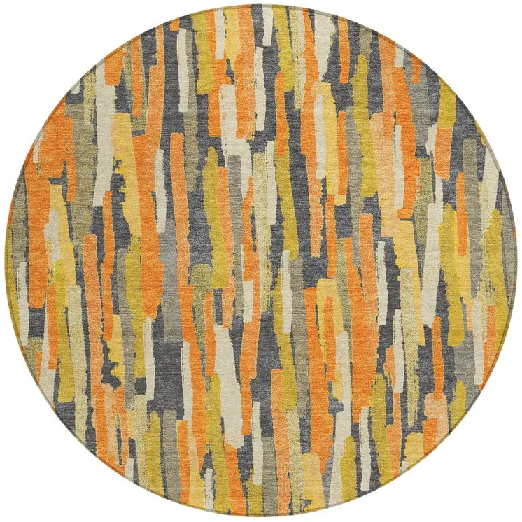 8' Orange And Beige Round Striped Washable Indoor Outdoor Area Rug