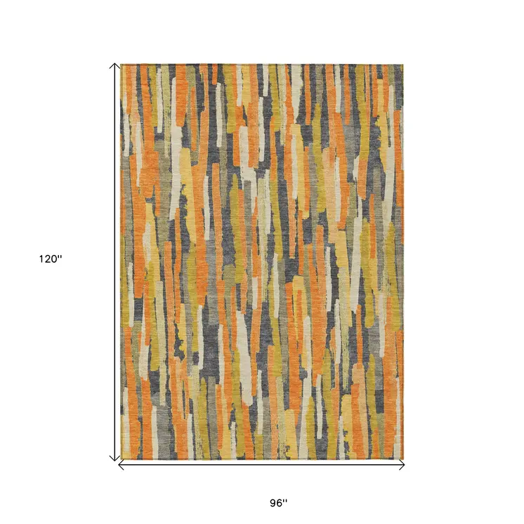 8' X 10' Orange And Beige Striped Washable Indoor Outdoor Area Rug