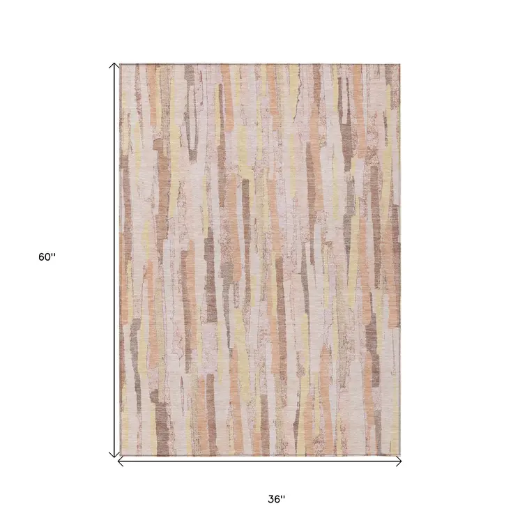 3' X 5' Pink And Beige Striped Washable Indoor Outdoor Area Rug