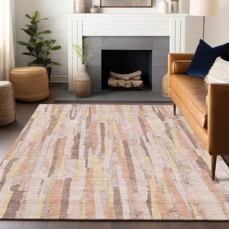 3' X 5' Pink And Beige Striped Washable Indoor Outdoor Area Rug