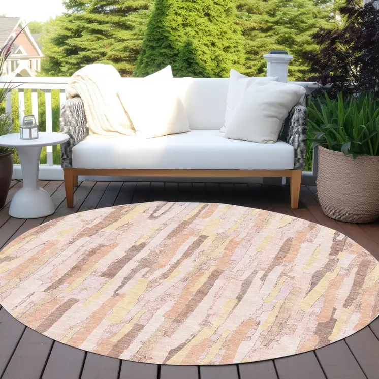 8' Pink And Beige Round Striped Washable Indoor Outdoor Area Rug