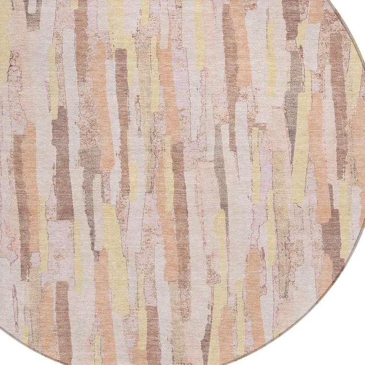 8' Pink And Beige Round Striped Washable Indoor Outdoor Area Rug