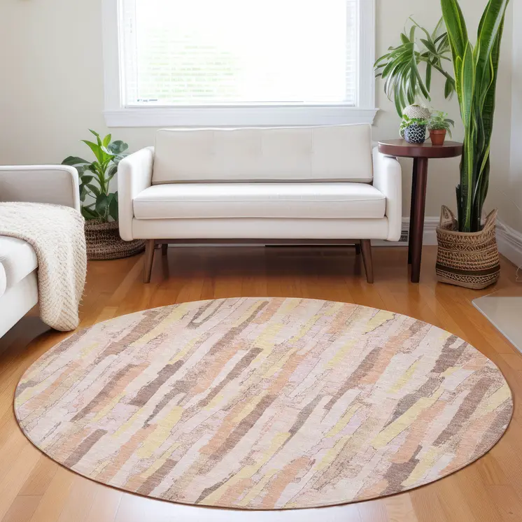 8' Pink And Beige Round Striped Washable Indoor Outdoor Area Rug