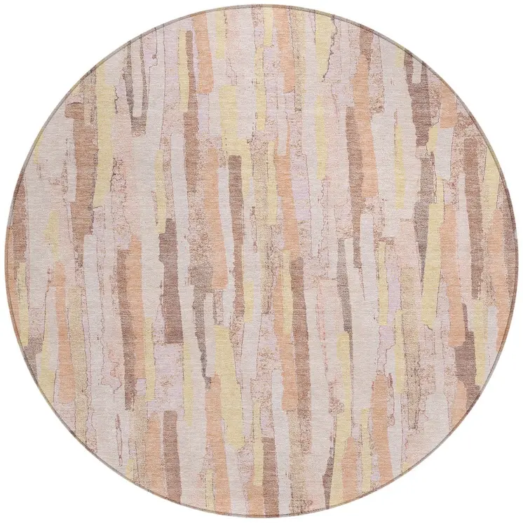 8' Pink And Beige Round Striped Washable Indoor Outdoor Area Rug